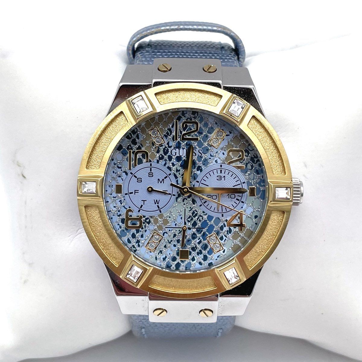 Y2K Guess Jet Setter Gold Bezel Watch Blue Python Embossed Leather 100m WR