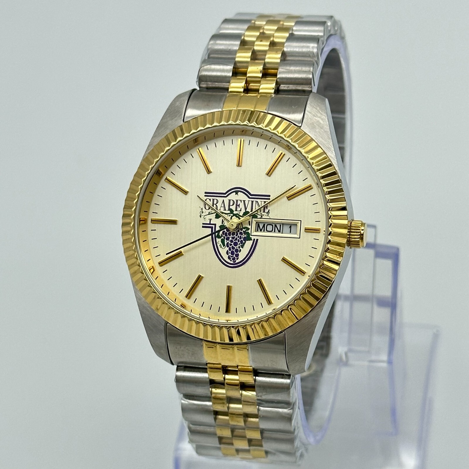 Men’s GRAPEVINE Two-Tone Champagne Dial, All Steel Watch, Day/Date, Fluted Bezel
