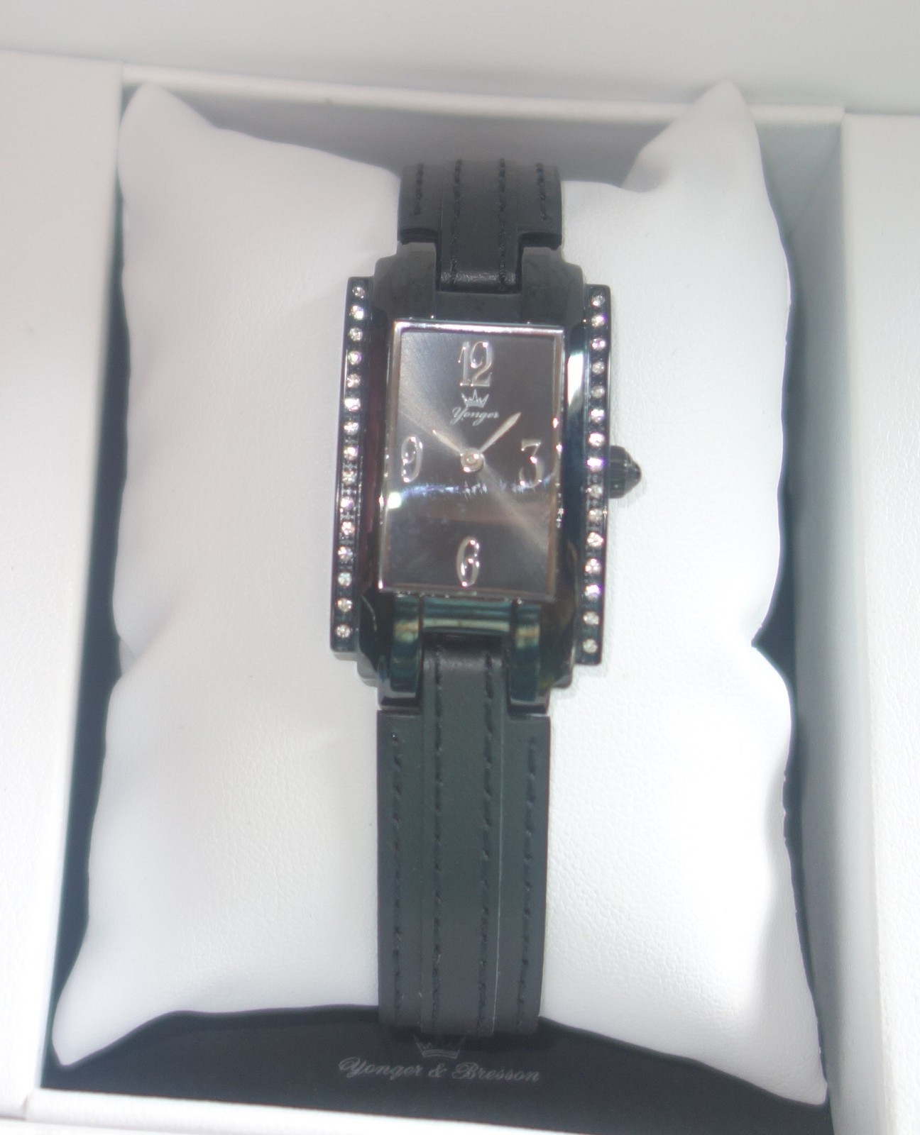 Yonger and Bresson Rectangle Black Leather Crystal Watch DCN 1477/01 new