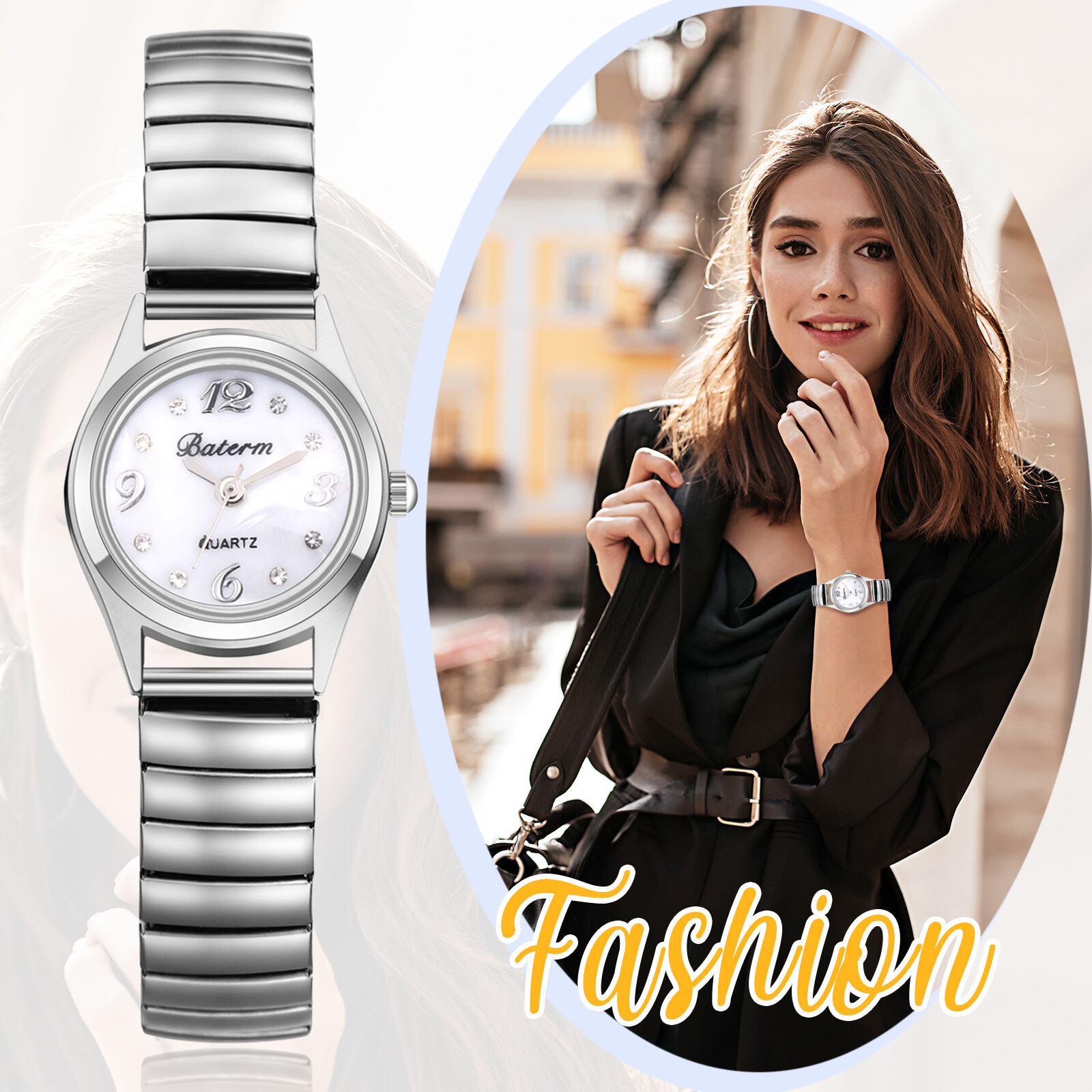 Women Delicate Small Dial Simple Silver Elastic Strap Arabic Analog Quartz Watch