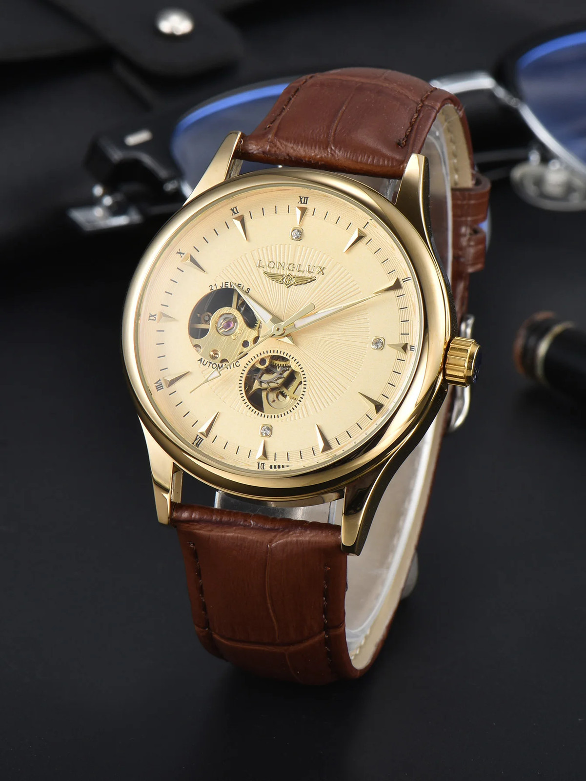LONGLUX Men’s Automatic Skeleton Watch Roman Numerals Leather Waterproof