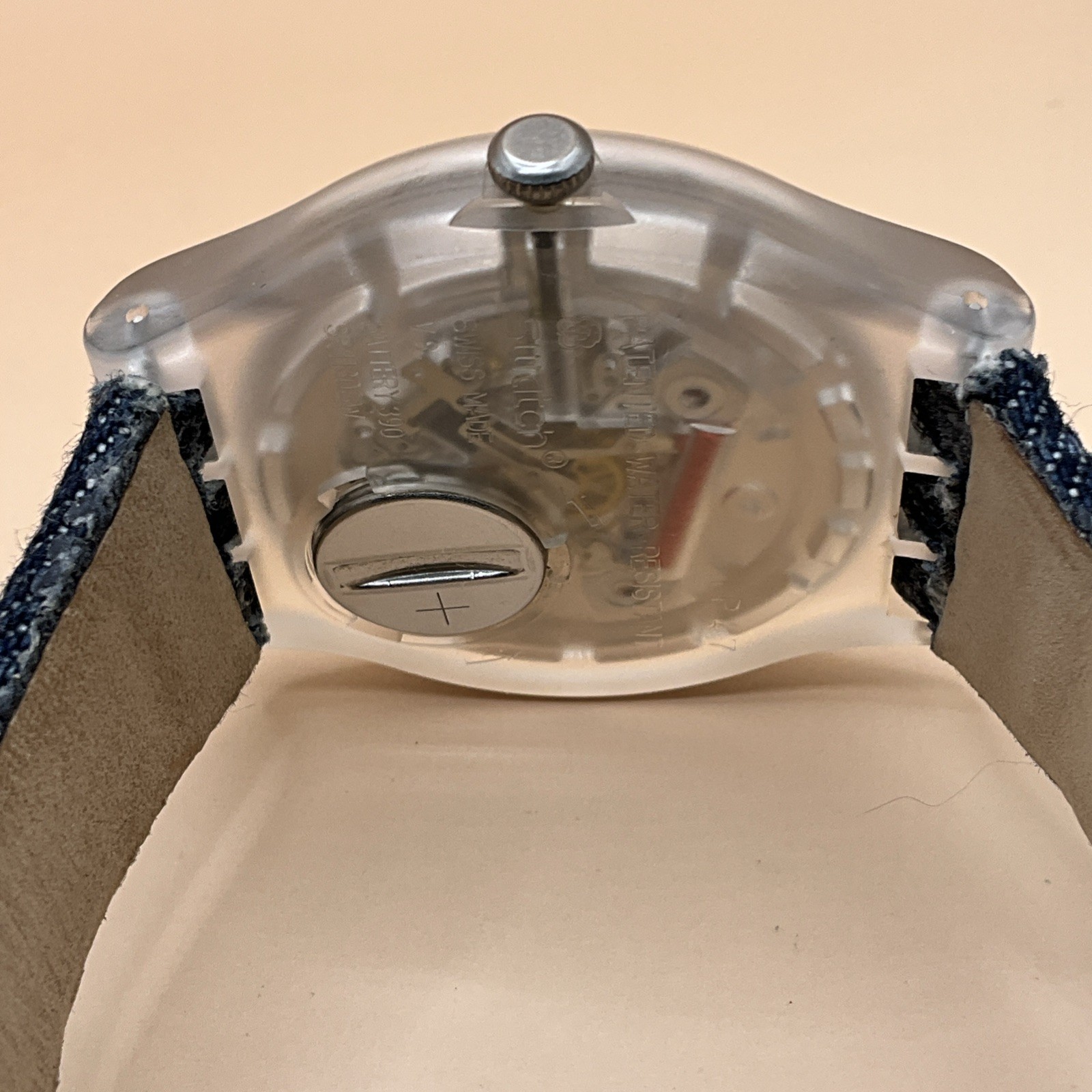 Swatch AG-2012 Clear Case Silver Dial with Denim/Leather Band – New Battery