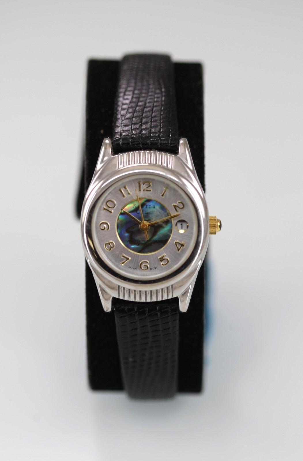 Sierra Club Watch Women Silver Stainless WR Black Leather Multicolor Date Quartz