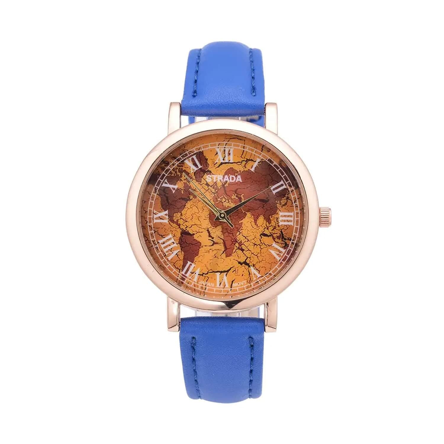 Japanese Movement Earth Pattern Dial Watch in Blue Faux Leather Strap