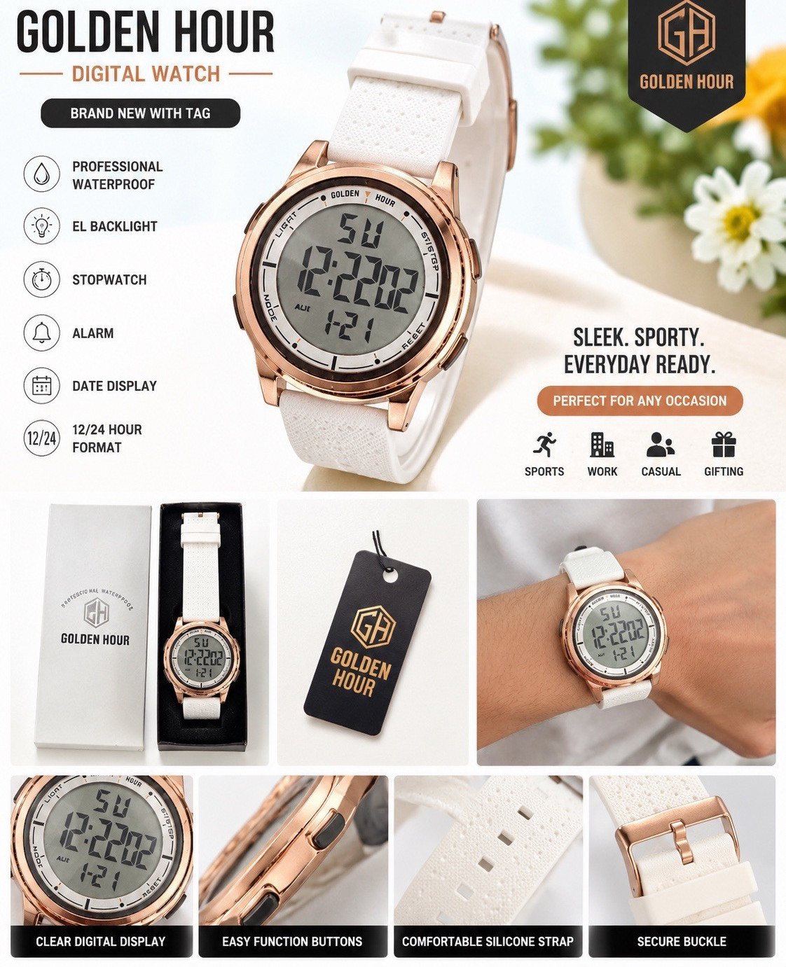 Golden Hour Digital Quartz Watch Backlight Alarm White Silicone Strap w/ Box
