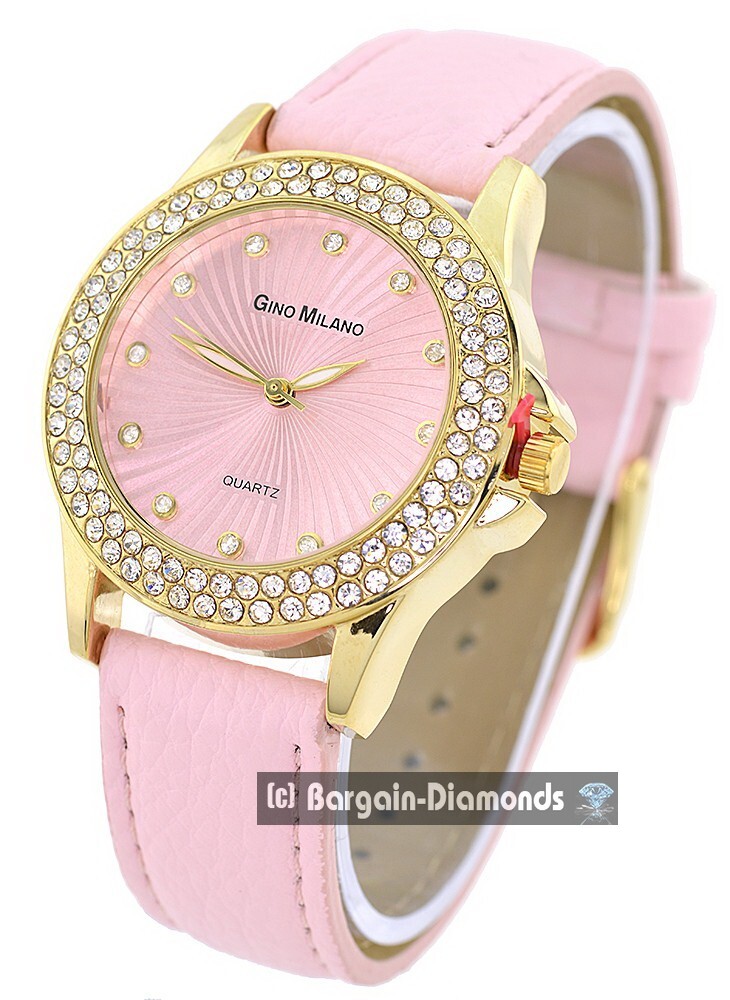 Ladies Gold tone CZ Pink Party Watch Pink Dial Pink Leatherette Strap 7″-8.5″