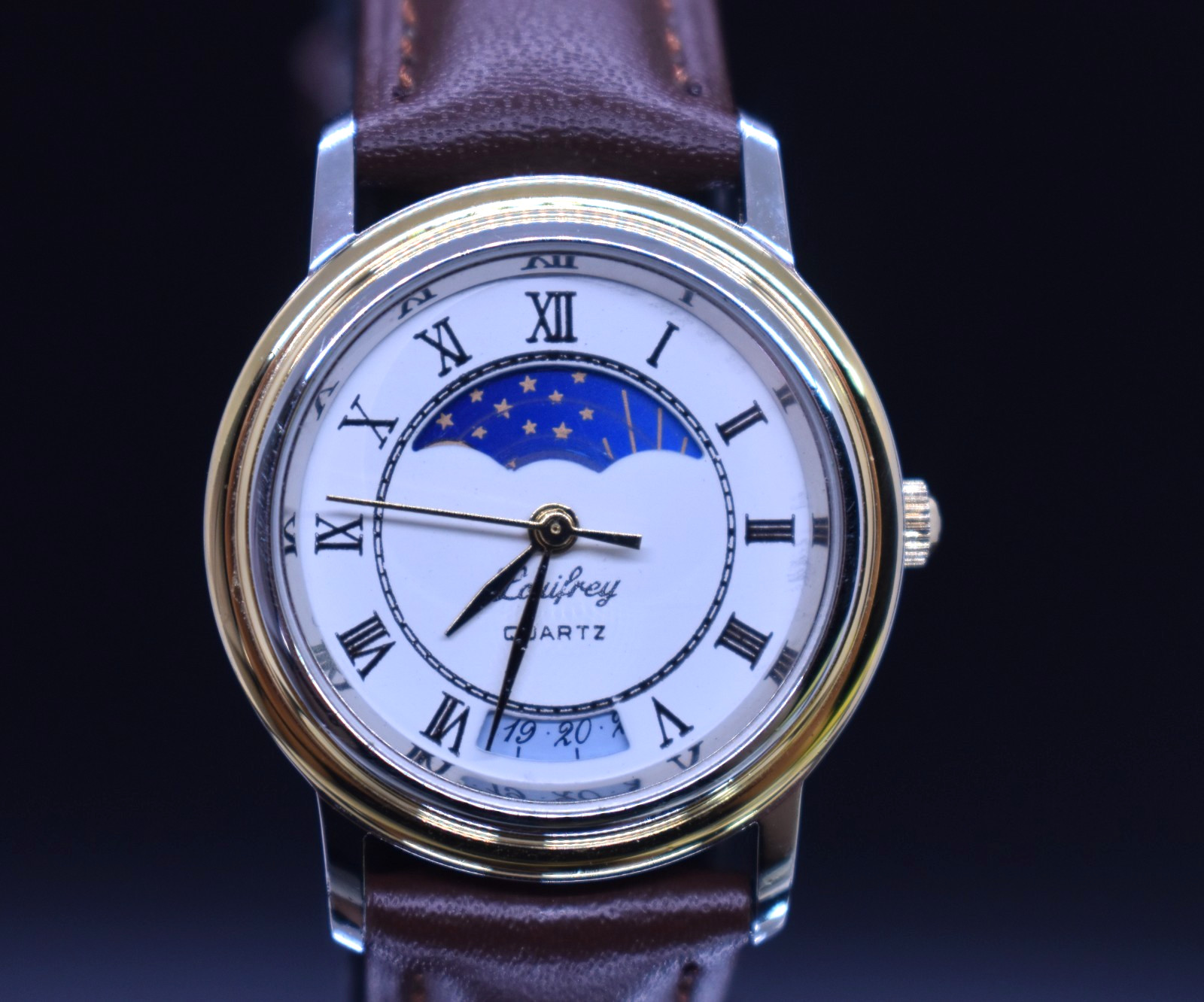 Vtg LOUIFREY Moon Phase Watch 24 Hour Indicator Roman Dial NEW BATTERY & BAND