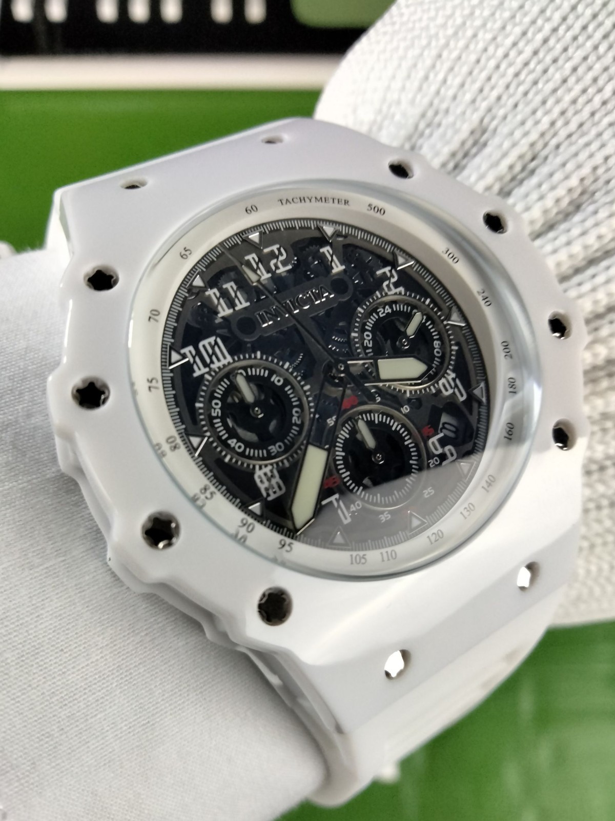 Invicta Racing 69668 Men White Skeleton Silver Dial Silicone Quartz Watch 43.5mm