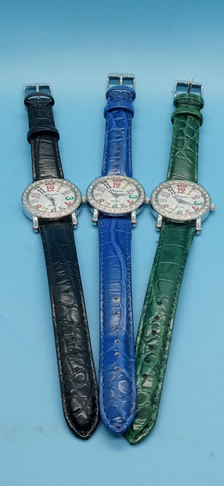 3 Genevex Lady Watches W/ Rhinestone Bezel Black Blue Green Bands New Batteries