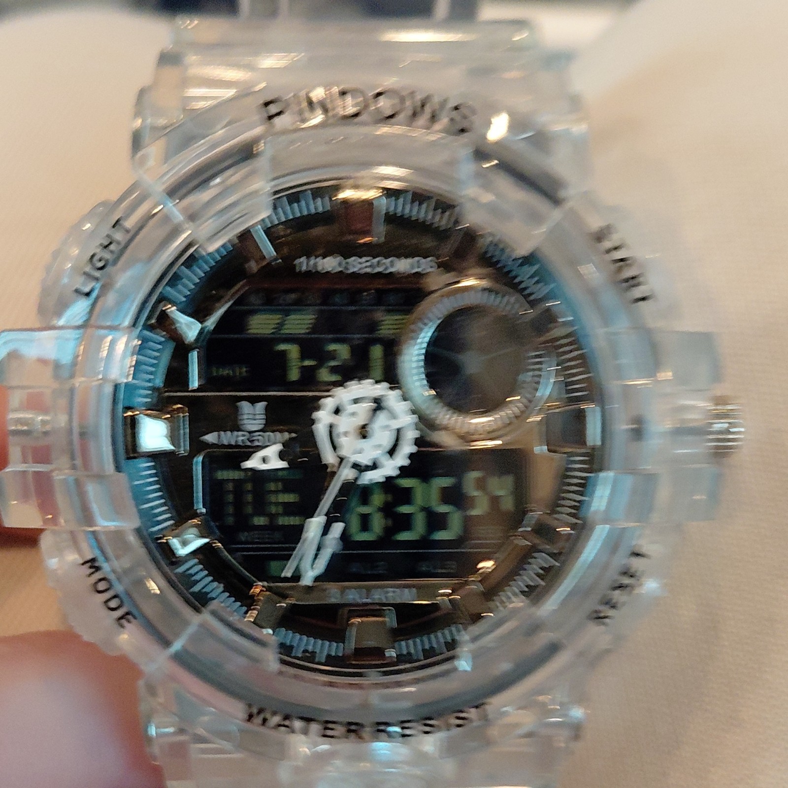 PINDOWS Analog-Digital Quartz Sport Watch Chronograph Alarm WR 50m Clear Strap