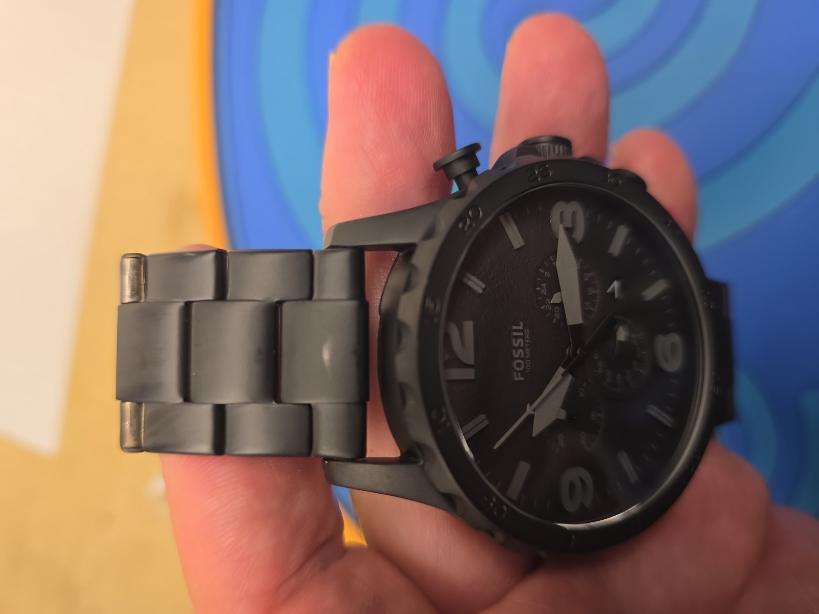 Fossil JR1401 Matte Black Stainless Chronograph Watch 10ATM 24mm Working Sleek