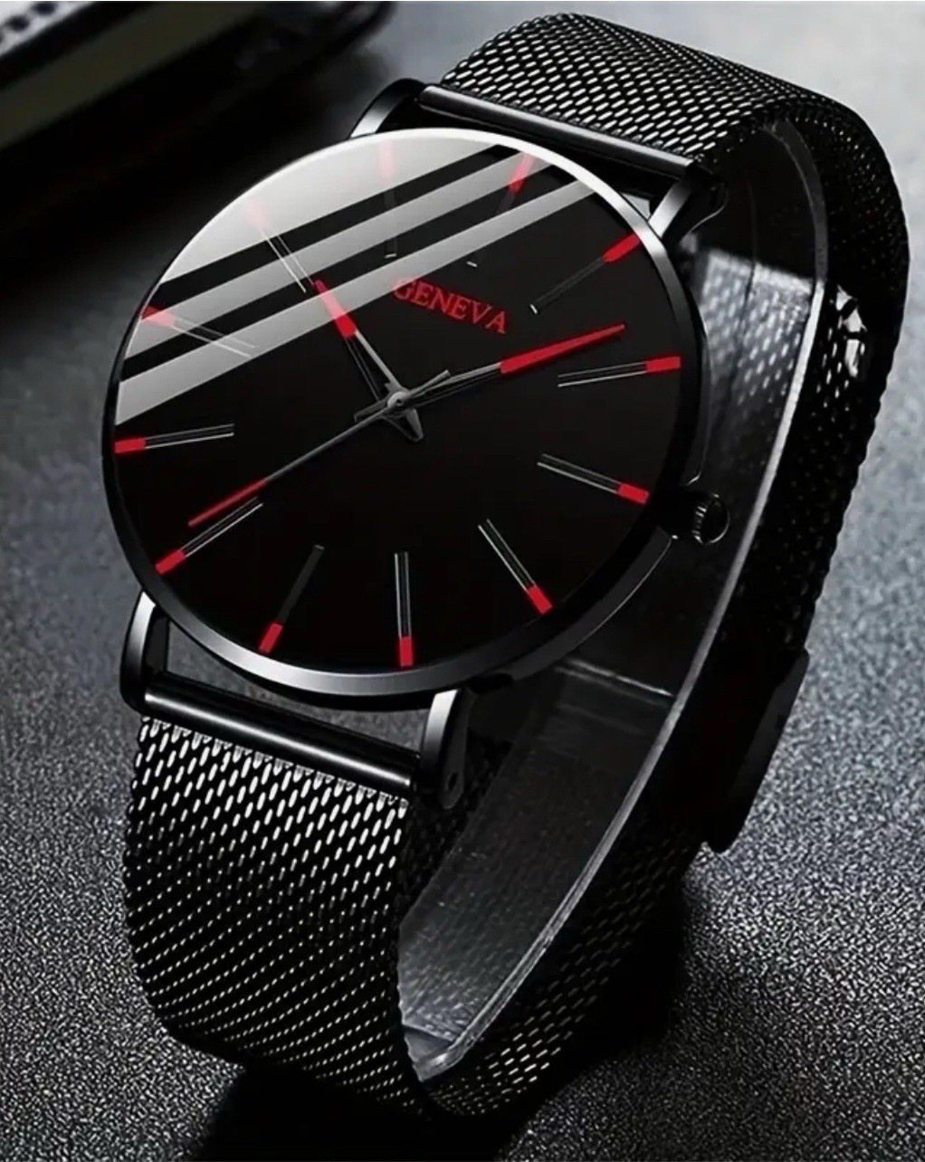 New Red Geneva Minimalist Watch Men Ultra Thin Stainless Steel Mesh Watch