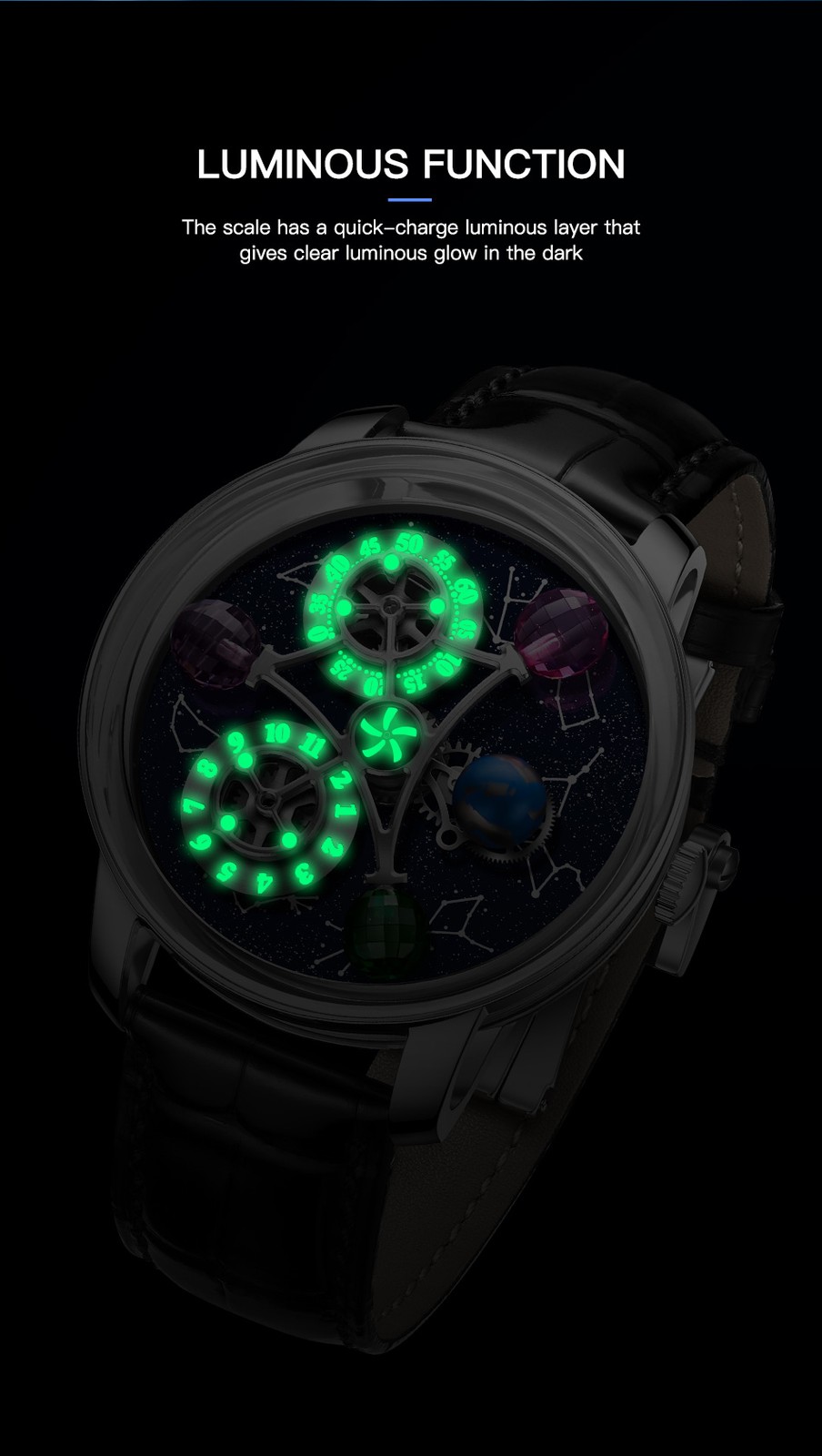 ‌PINDU Men’s Automatic Mechanical Watch Waterproof Leather Strap Unique Starry