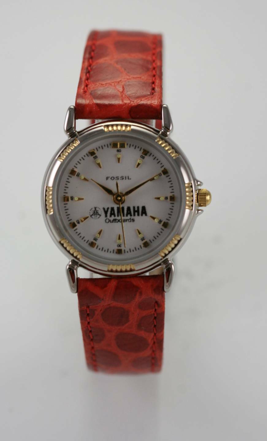 Fossil Watch Womens YAMAHA Outboards Red Leather Stainless Gold Silver Quartz
