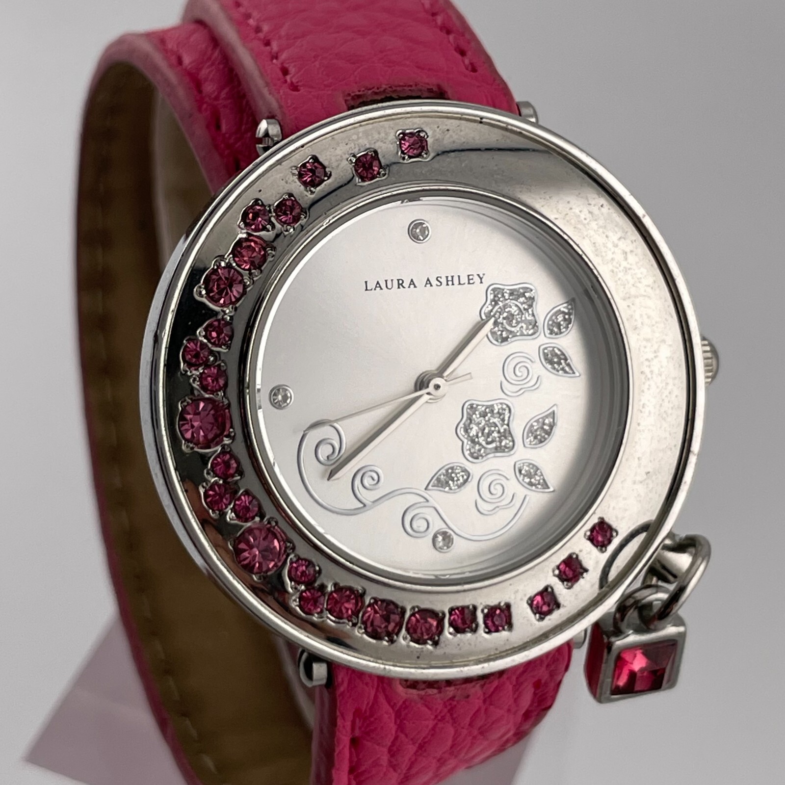 Laura Ashley Watch Womens Pink Wrap Around Strap Quartz Three Hands Pink Gem Set