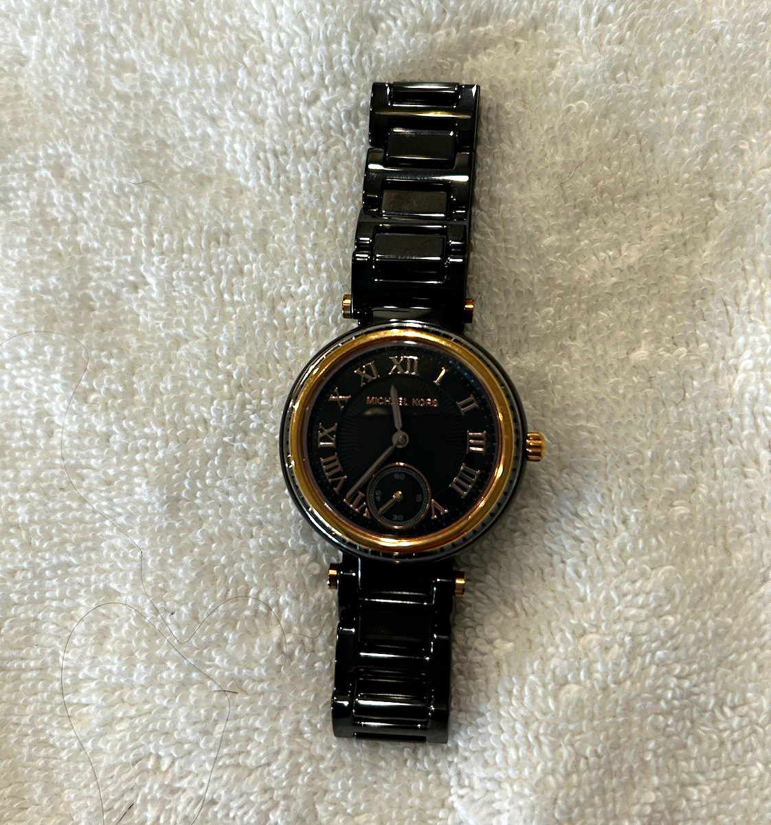 Michael Kors Women’s Quartz Black Ceramic Bracelet Watch Gold Bezel 38mm 5 ATM
