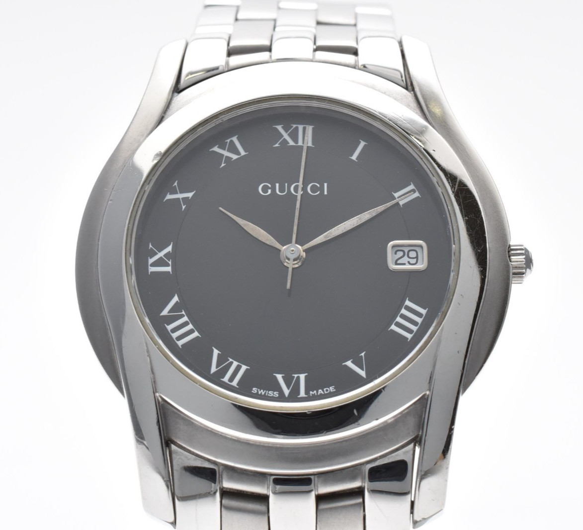 GUCCI 5500M Black Dial Roman Date Quartz Men’s Watch Stainless Steel Swiss Made