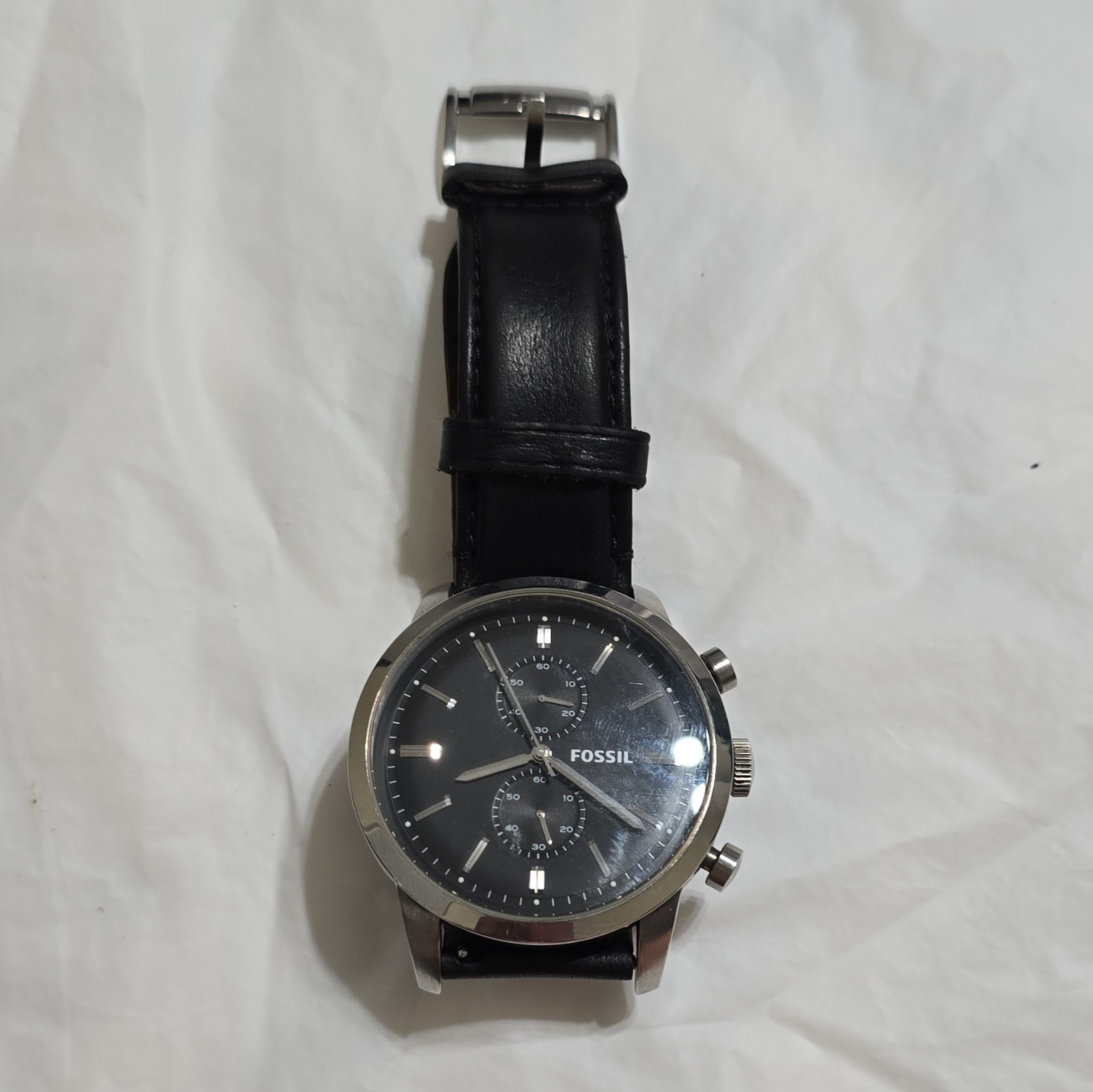 Fossil PR2138 Men’s Quartz Chronograph Watch Black Dial Leather Strap 43mm