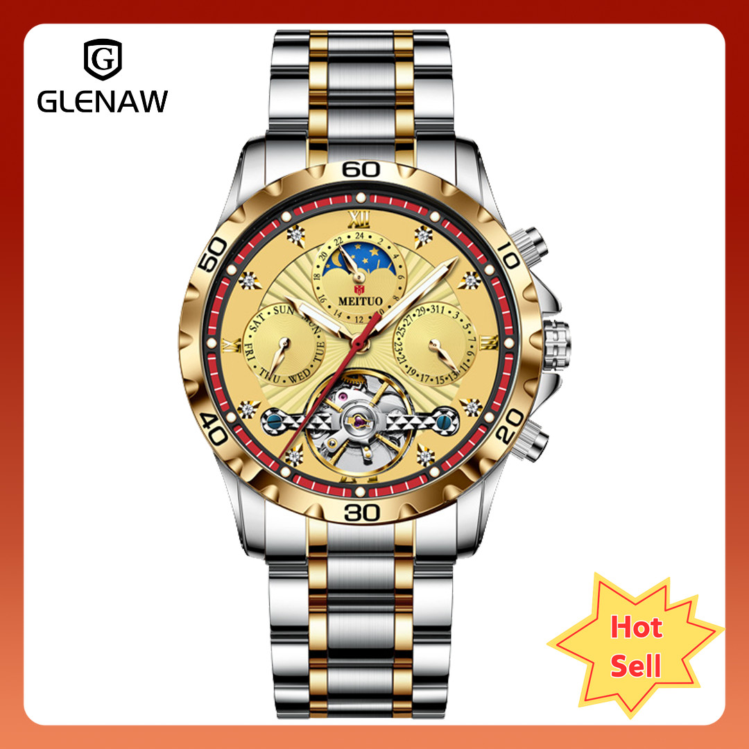 GLENAW Men’s Skeleton Tourbillon Date Mechanical Watch with Luminous Hands