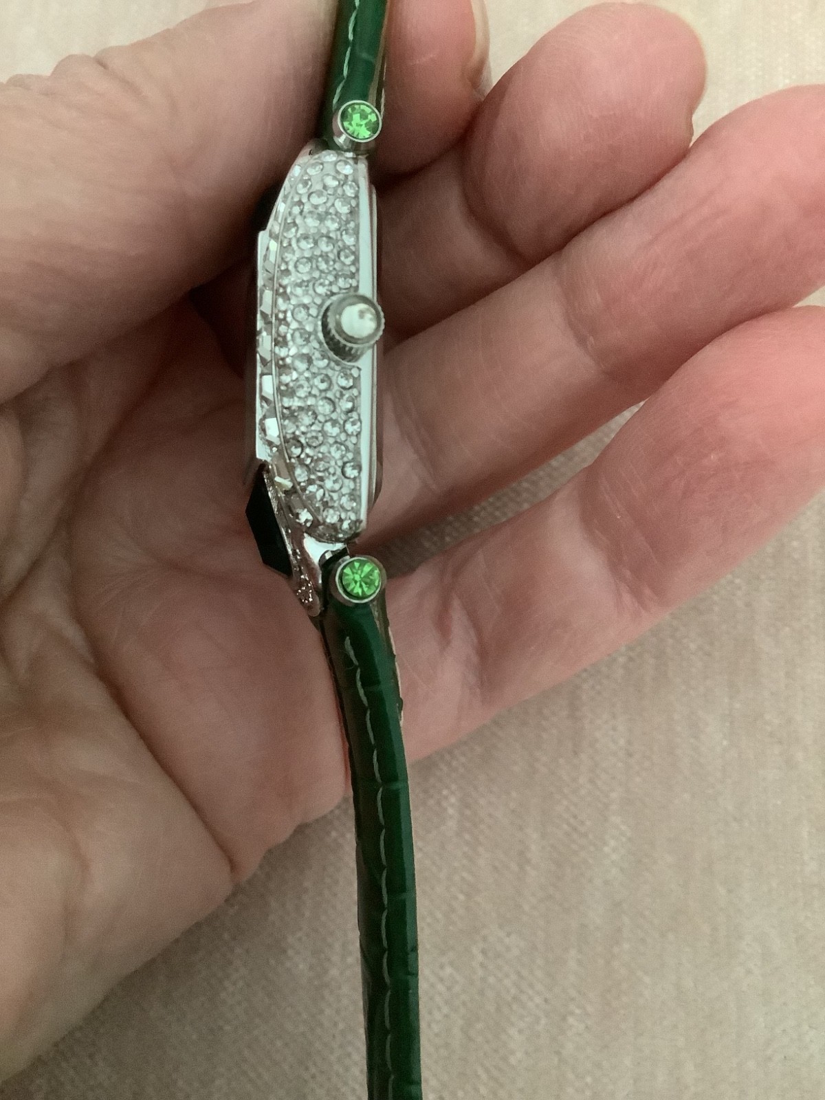 Adrienne Designer Collection Square Rhinestone Ladies Green Leather Band Watch