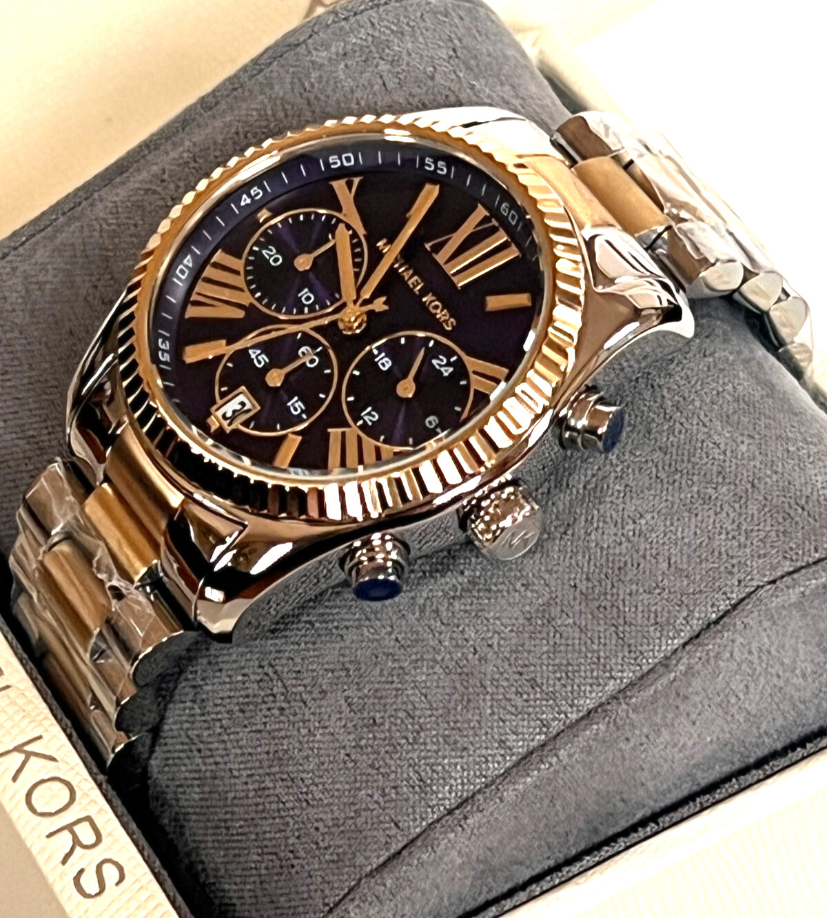 MICHAEL KORS MK7218 Lexington Two-Tone Blue Dial Ladies Watch BNWT/Gift Box $250