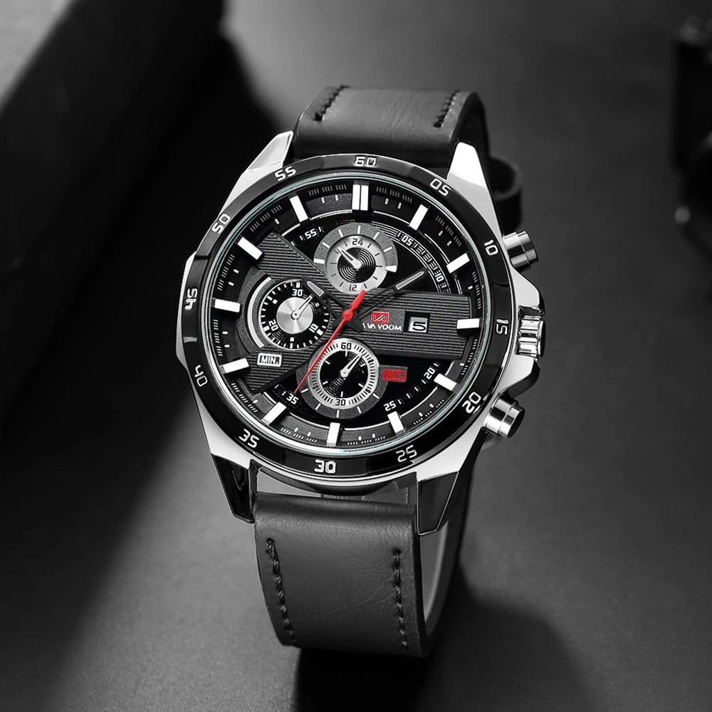 Men’s Watch Luxury Brand Waterproof Analog Quartz Calender Black Leather Band