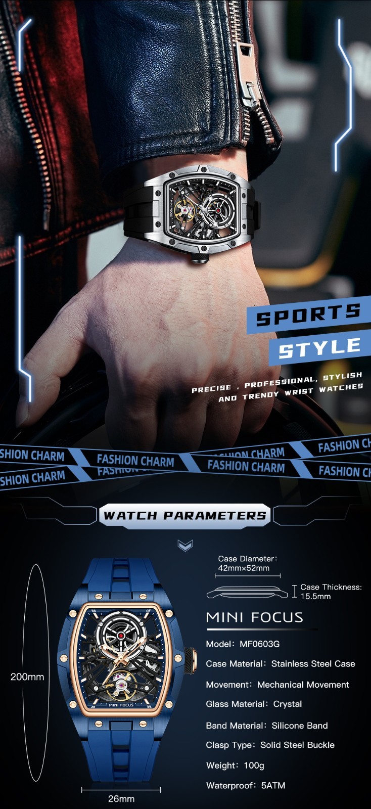 MINI FOCUS Men’s Tonneau Skeleton Flywheel Silicone Automatic Mechanical Watch