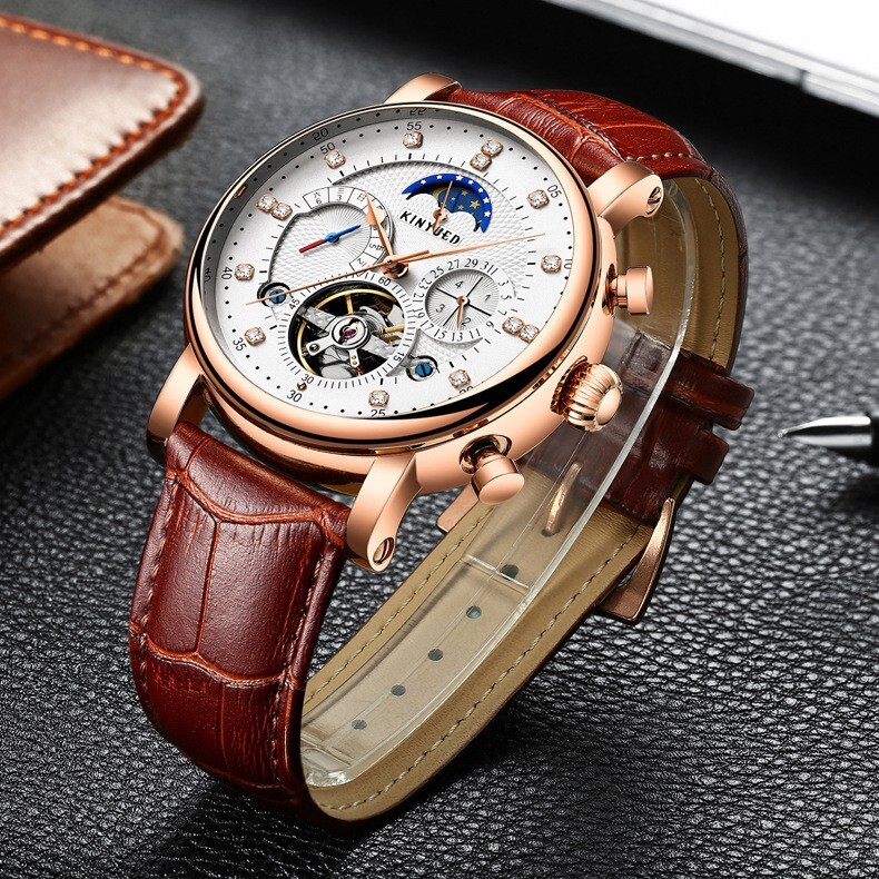 Mens Automatic Mechanical Watch Date Day Rose Gold White Brown Leather Strap