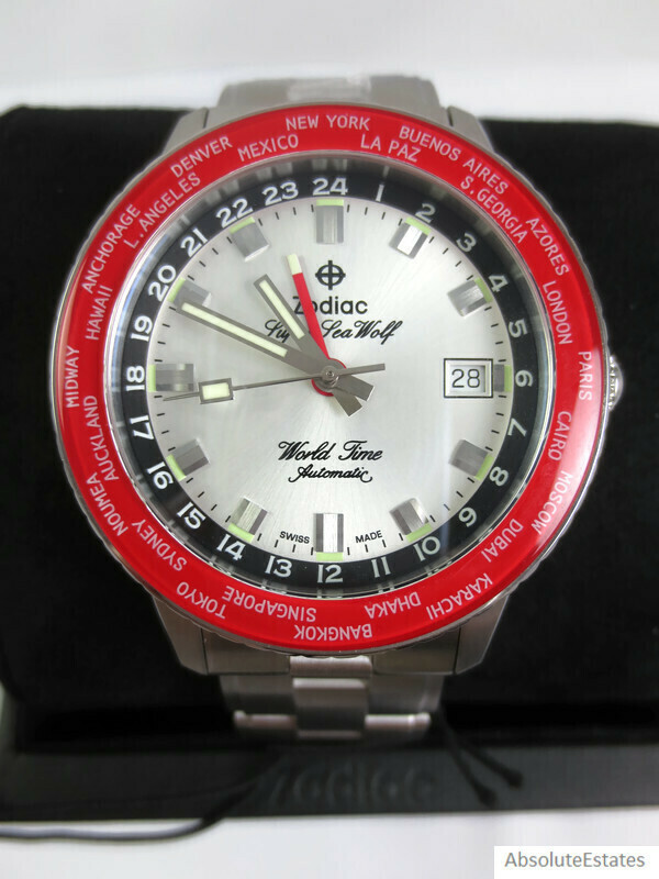 NEW Zodiac Super Sea Wolf GMT World Time Automatic Silver Red Watch ZO9410 Box