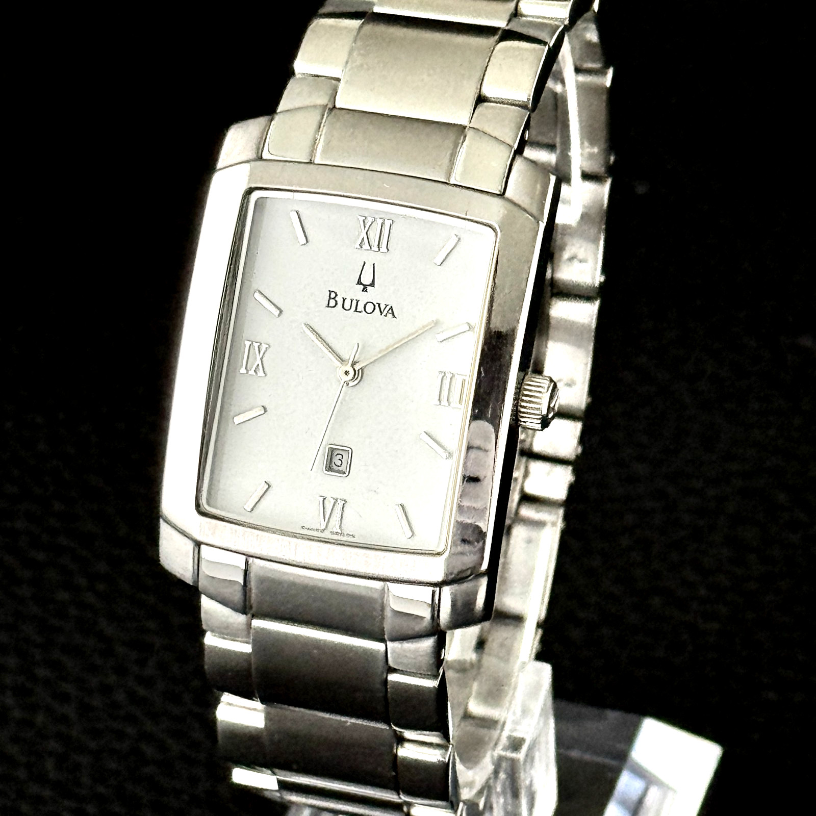 Bulova Mens Tank Watch C875379 Stainless Steel White Dial Date Rectangle Runs!