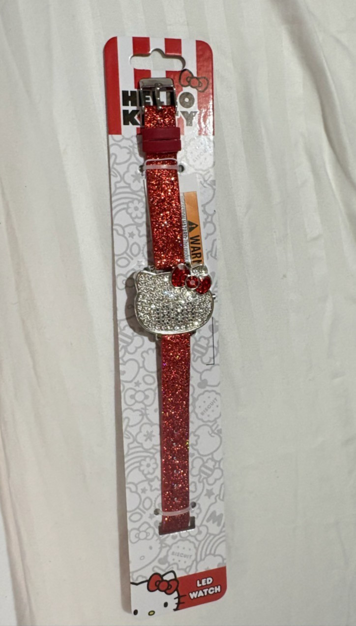 Hello Kitty Watch Women 38mm Silver Tone Red Glitter Crystals SEALED NEW