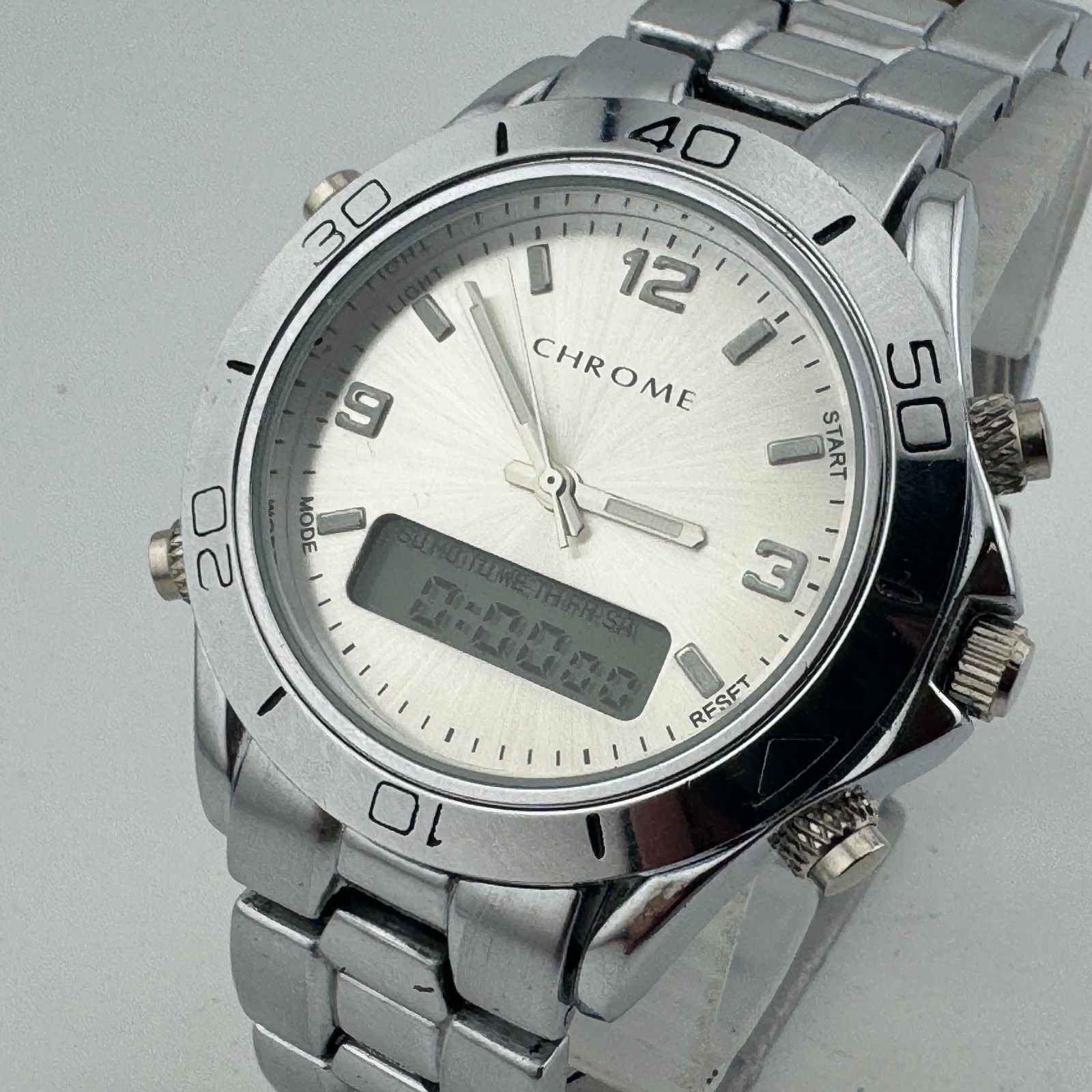 Chrome Quartz Watch Men Silver Analog Digital Alarm Chrono New Battery 8″