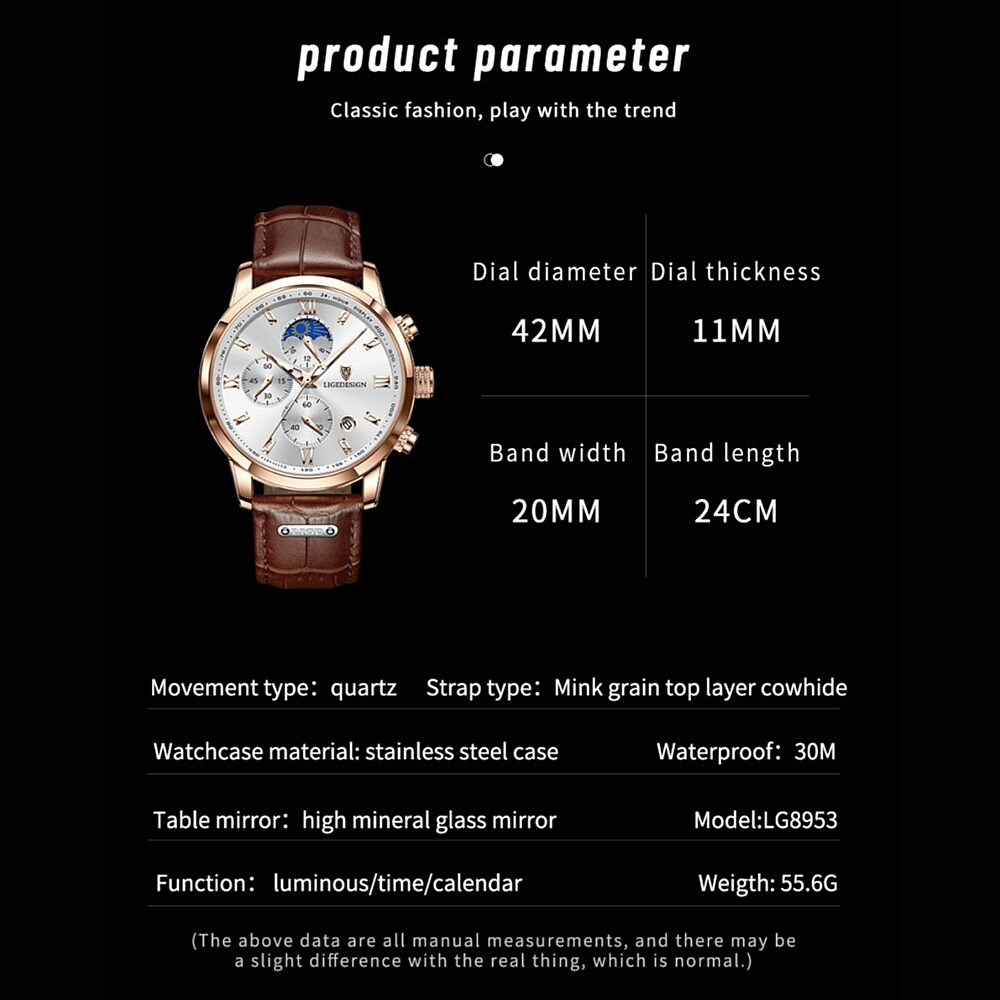 LIGE Men Quartz Watch Date Luminous Leather Strap Waterproof Business Wristwatch