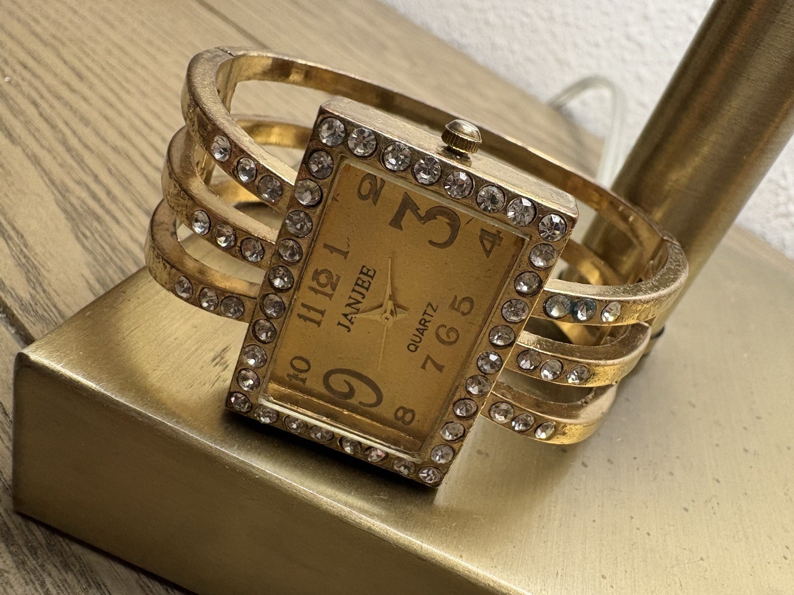 Gold tone rhinestone watch with adjustable bangle #bling #watch
