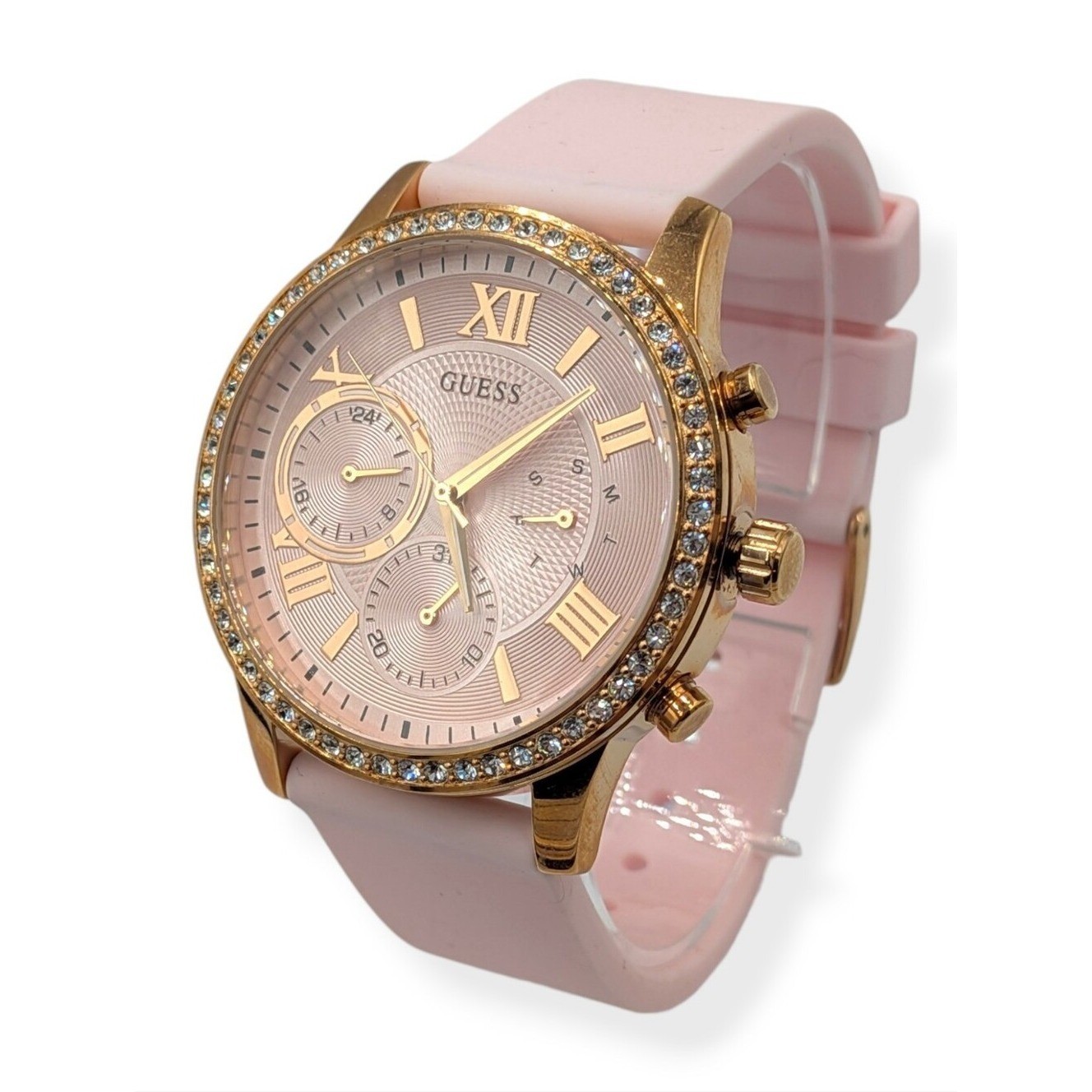 Guess Women’s Watch Solar Rose Gold Pink Dial Rhinestone Bezel U115L32