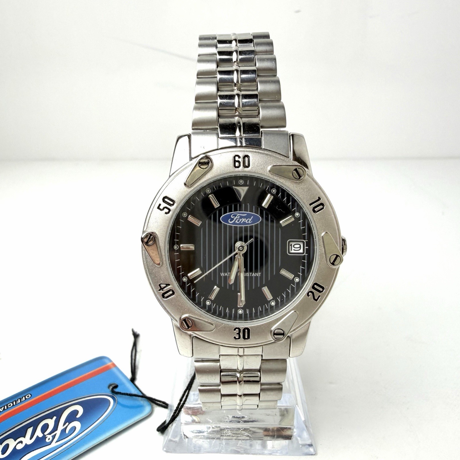 Vintage Ford Motor Company Watch Silver Tone Black Dial Date New Battery