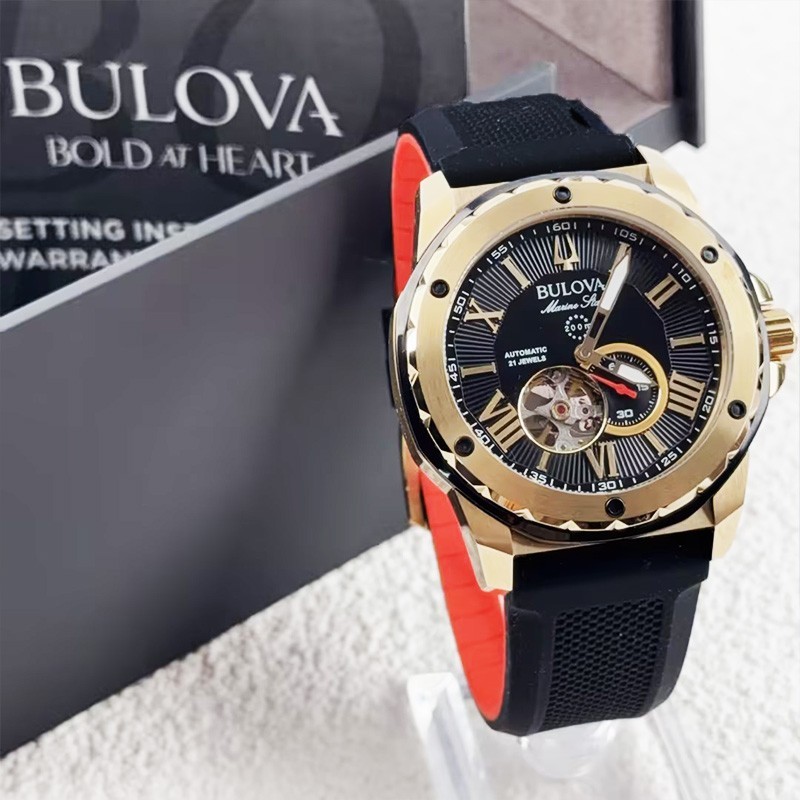 Bulova Marine Star A 98A272 Black Gold Dial Rubber Strap Automatic Men’s Watch
