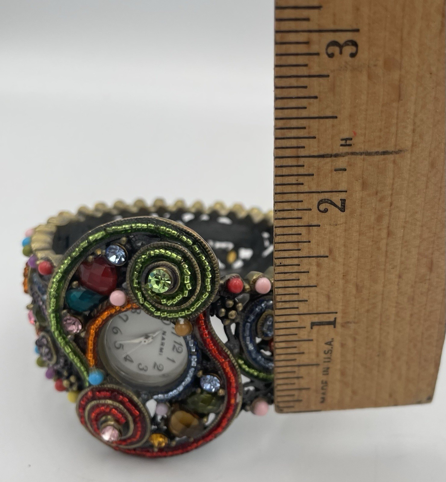 Narmi Quartz Beaded Hinge Bracelet Watch Brass Tone Multicolor Jewel New Battery