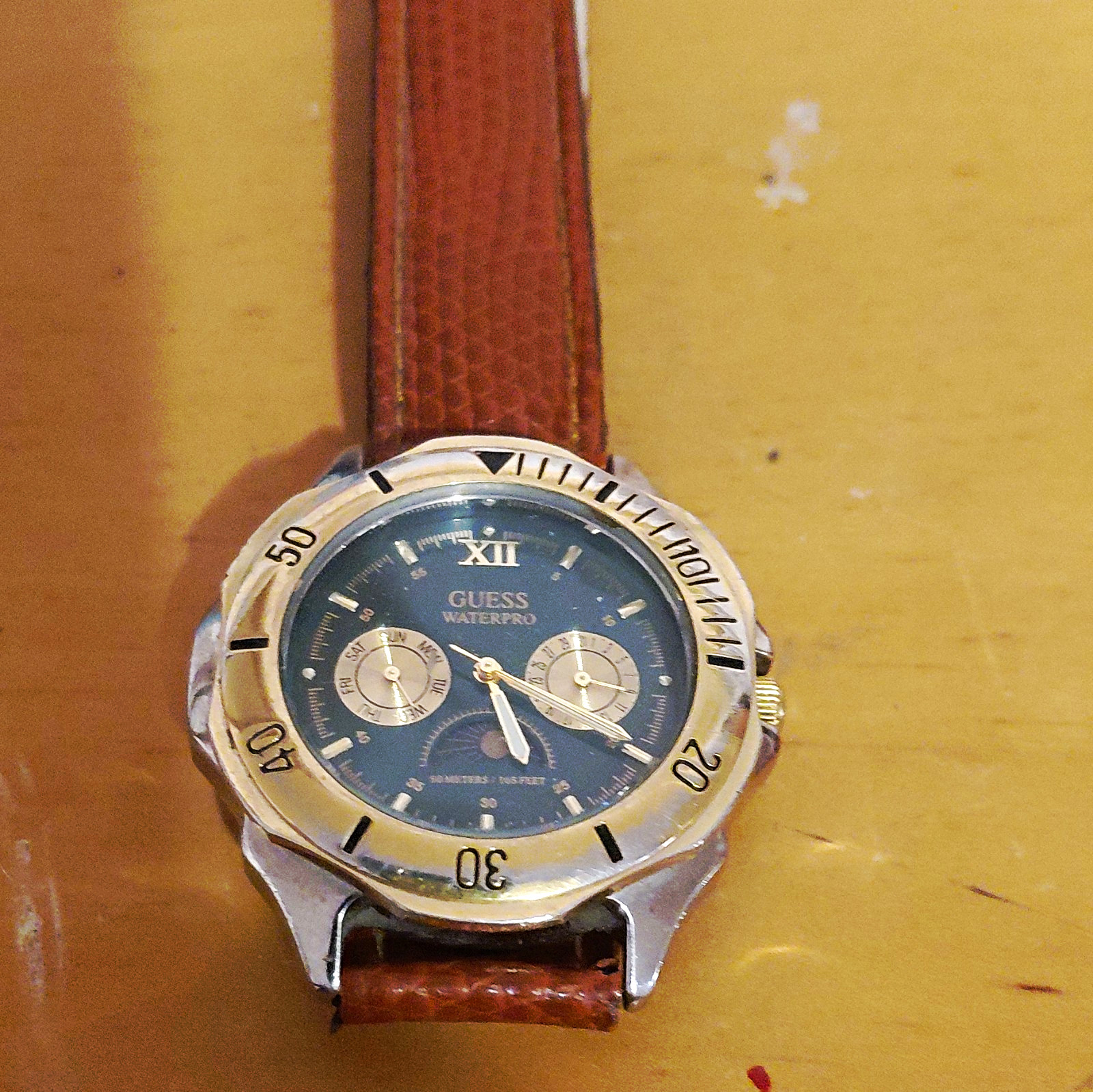 GUESS Waterpro Quartz Analog Watch Blue Dial Silver Steel Case Brown Leather