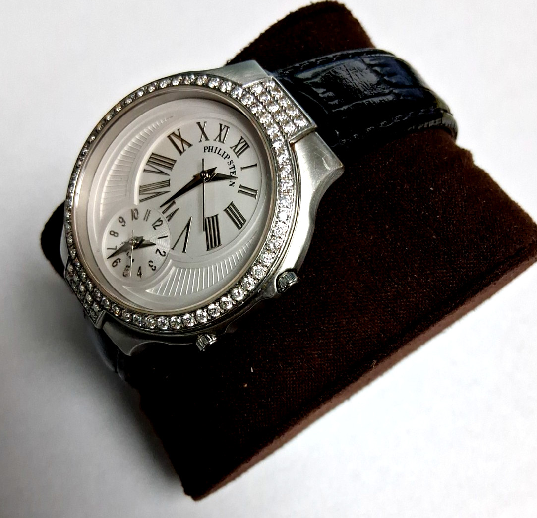 PHILIP STEIN TESLAR STAINLESS STEEL WATCH DUAL TIME – DIAMOND BEZEL- 38mm large