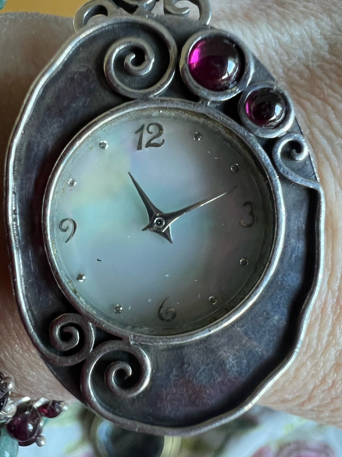 Gorgeous Or Paz Solid Silver Watch With Mother of Pearl Dial & Garnets