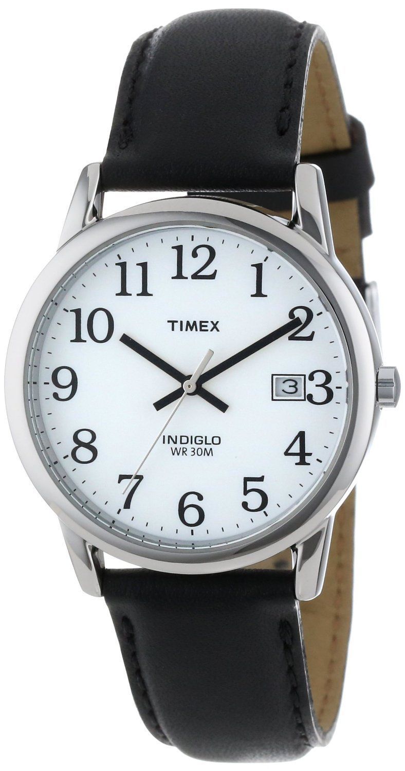 Timex T2H281, Men’s Easy Reader Black Leather Watch, Indiglo, Date, 35MM Case
