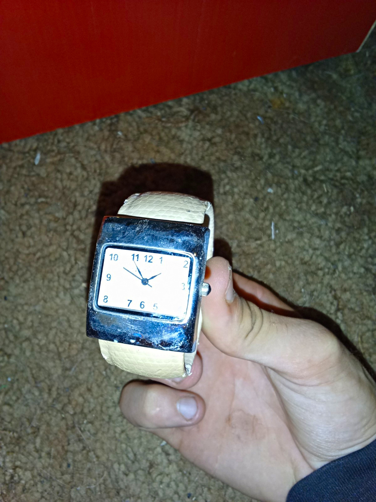 Rectangular Analog Wristwatch White Dial Arabic Numerals Silver Case Beige Strap