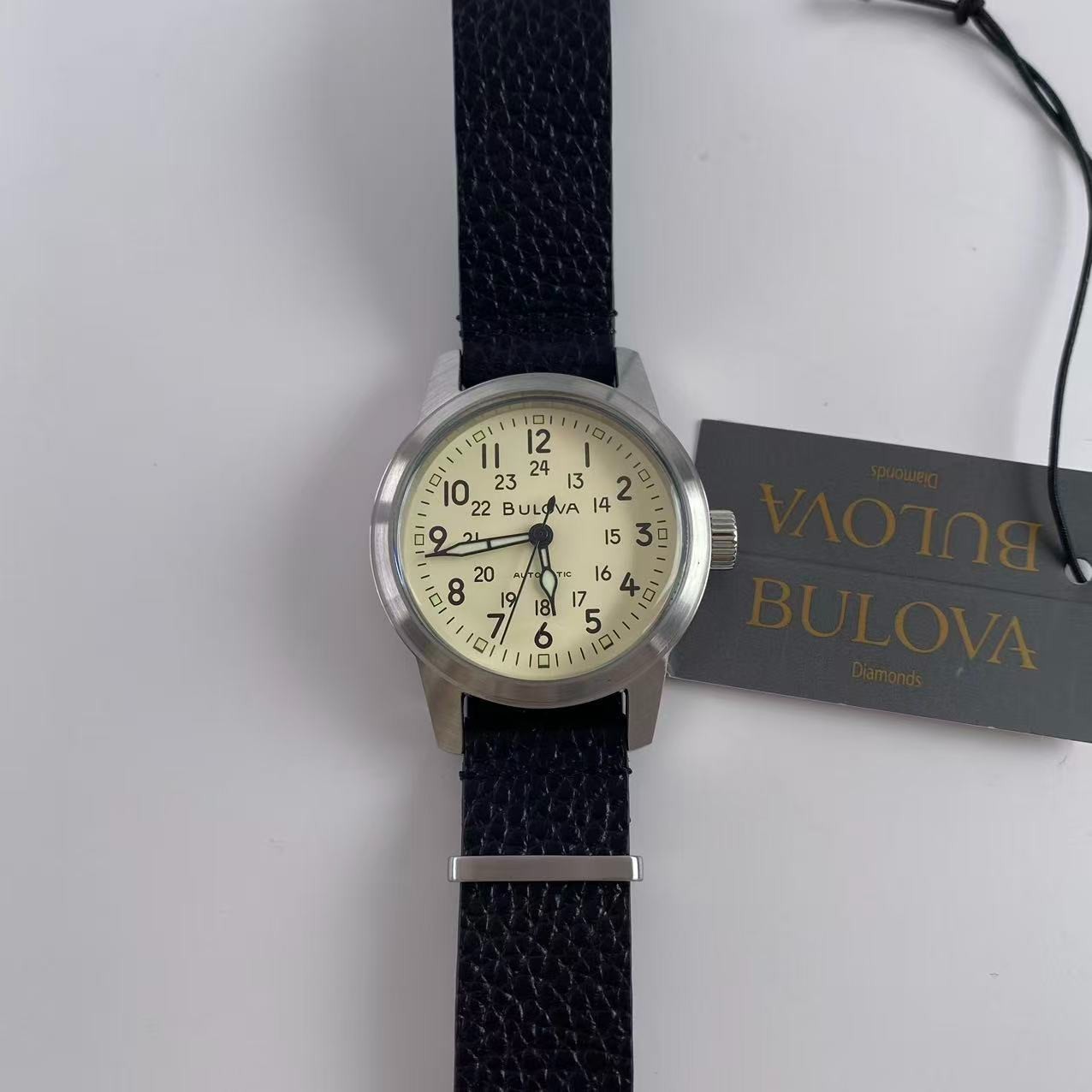 New Bulova Hack Men’s Automatic Watch Ivory Dial Leather Strap 96A246 38 mm