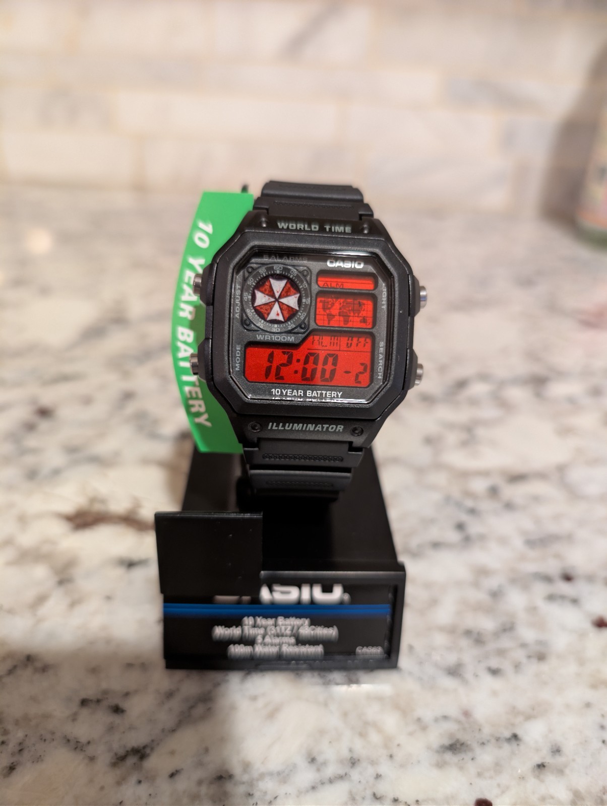 Resident Evil Umbrella inspired Mod CASIO AE-1200 Black Watch Blood red