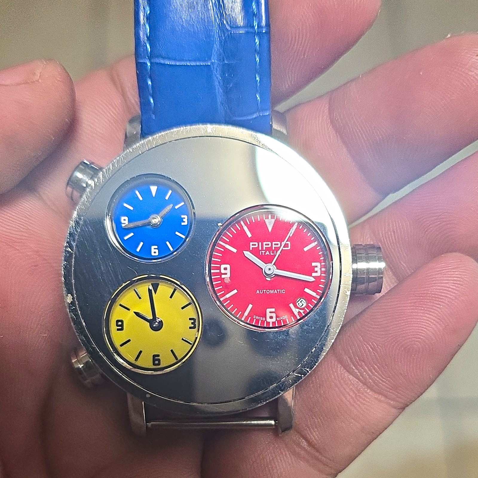 Pippo Lifetime Automatic Analog Watch 50m Silver Steel Blue Leather Strap