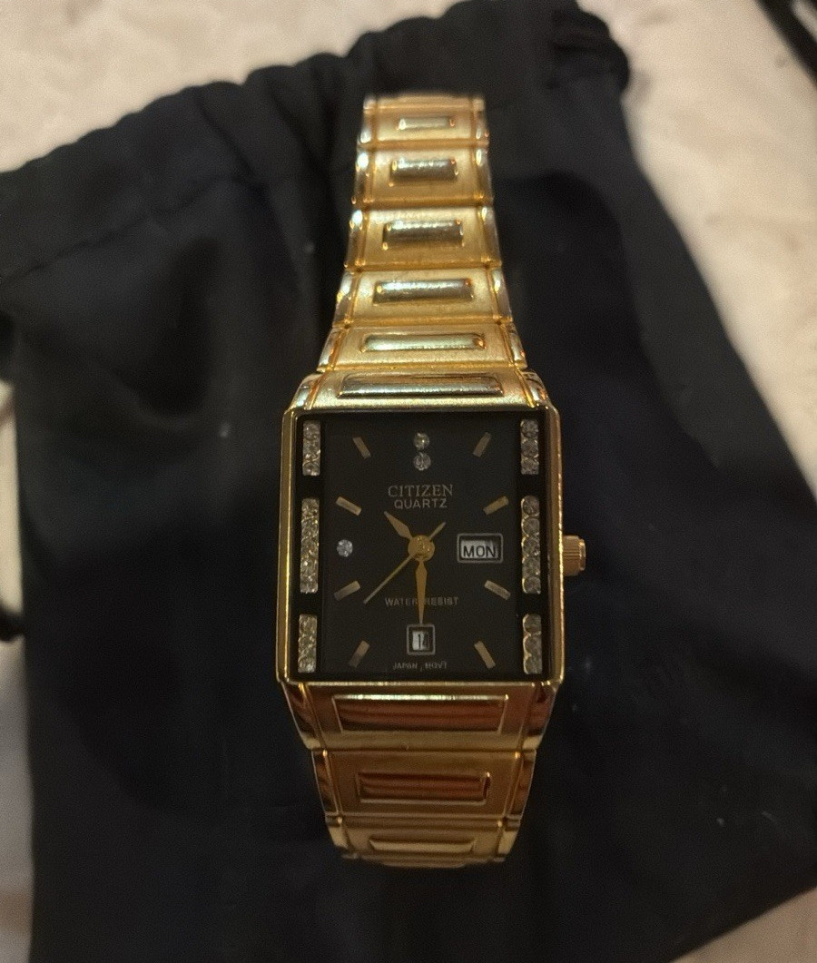 Citizen Quartz Gold Tone Rectangular Watch Black Dial Day/Date Bracelet