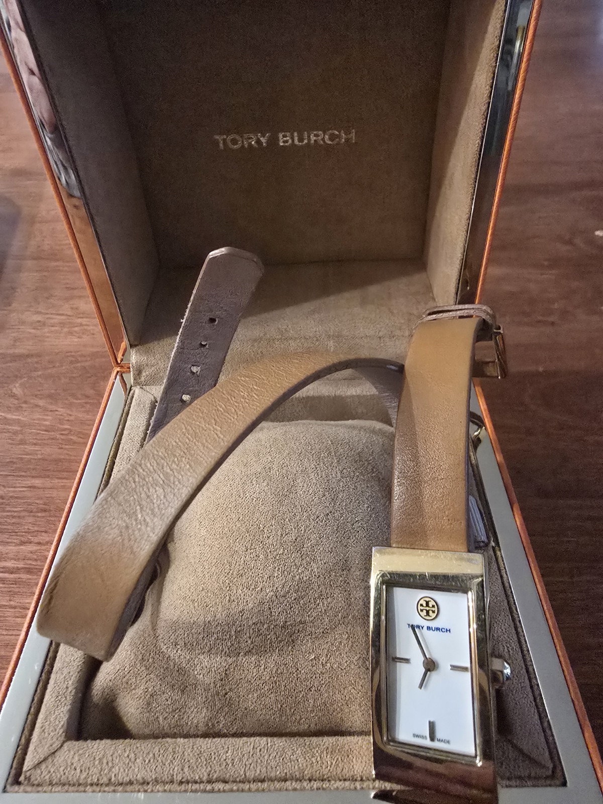 Tory Burch TRB2007 Gold Rectangle Watch Tan Wrap Around Leather Strap NIB