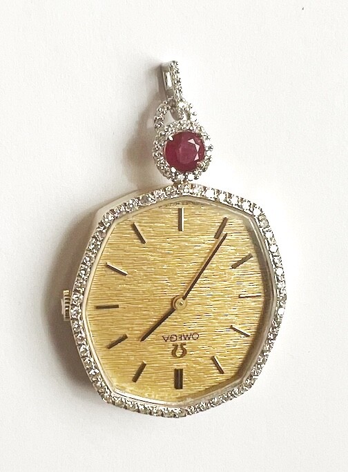 Omega Pendant Watch 14K YG – Diamonds Bezel & Ruby – Manual Wind Movement