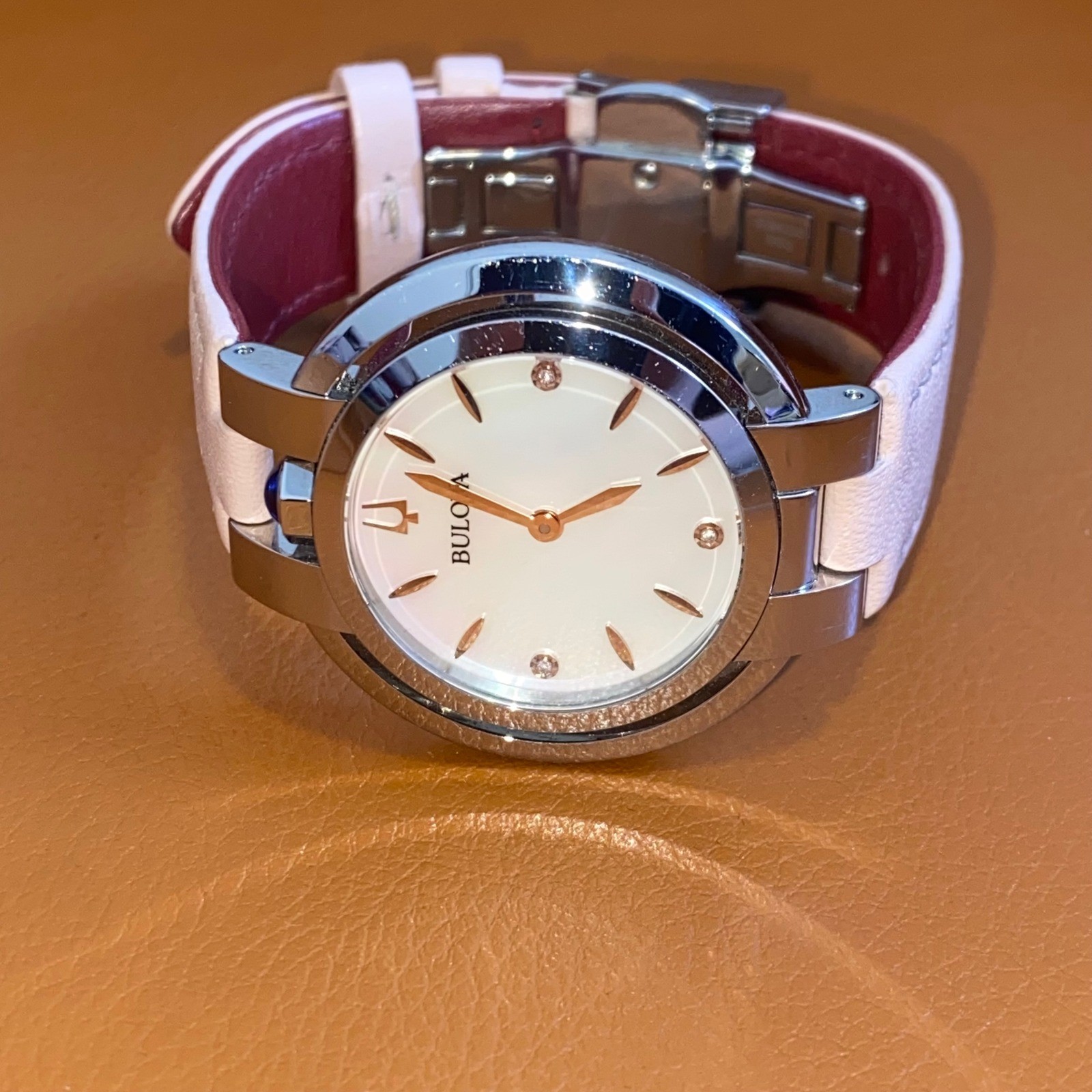 Bulova Rubaiyat 96P197 Women’s Watch MOP Diamond Blush Pink Leather Clasp 35mm